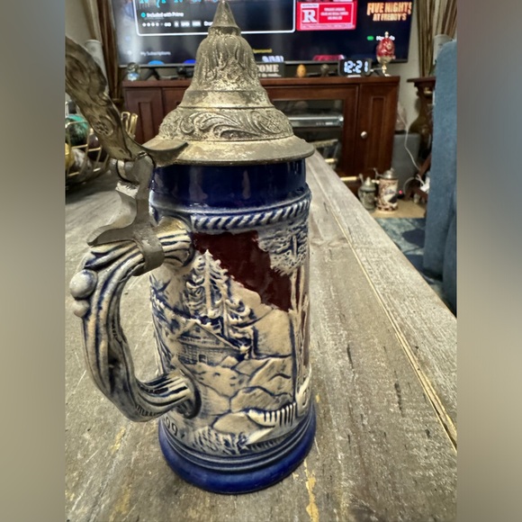 Vintage DBGM West German Pewter Lidded Beer Steins Blue/white - Picture 3 of 8